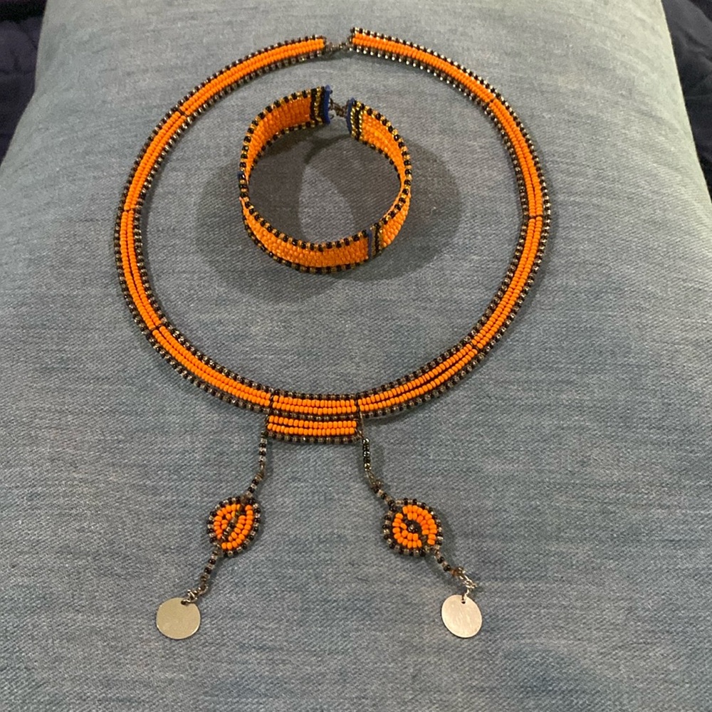 Orange and black beaded necklace/bracelet set